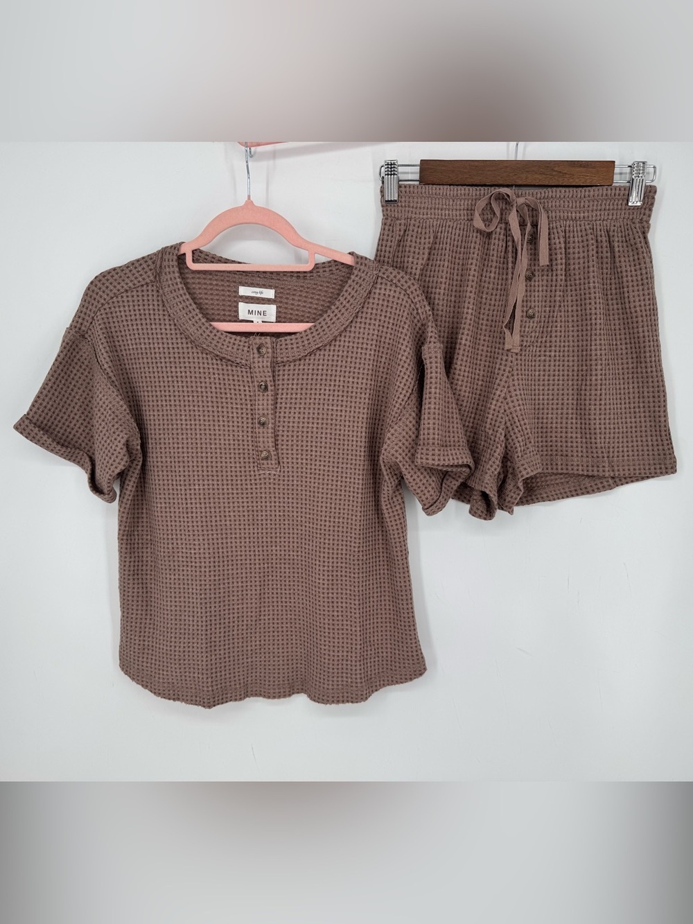 MINE Waffle Knit Lounge Matching Set Brown Cozy Casual Women’s NWT Size Small